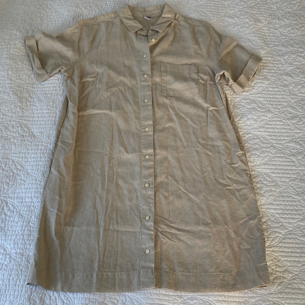 Old Navy Beige Button-Up Linen Blend Shortsleeved Shirt Dress, Medium Tall
